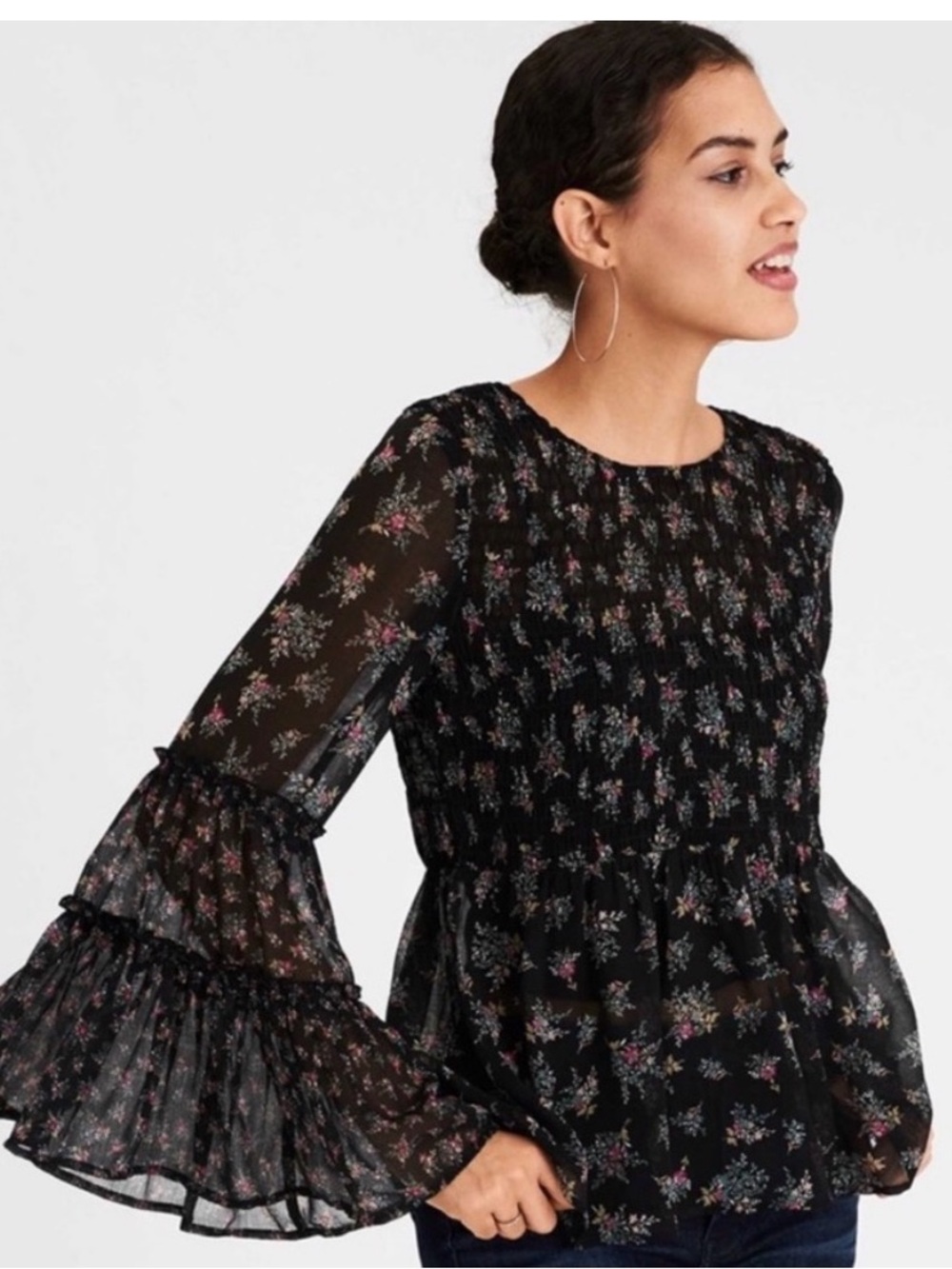 American eagle Outfitters Black Floral Print Long Sleeve Smocked Size XL